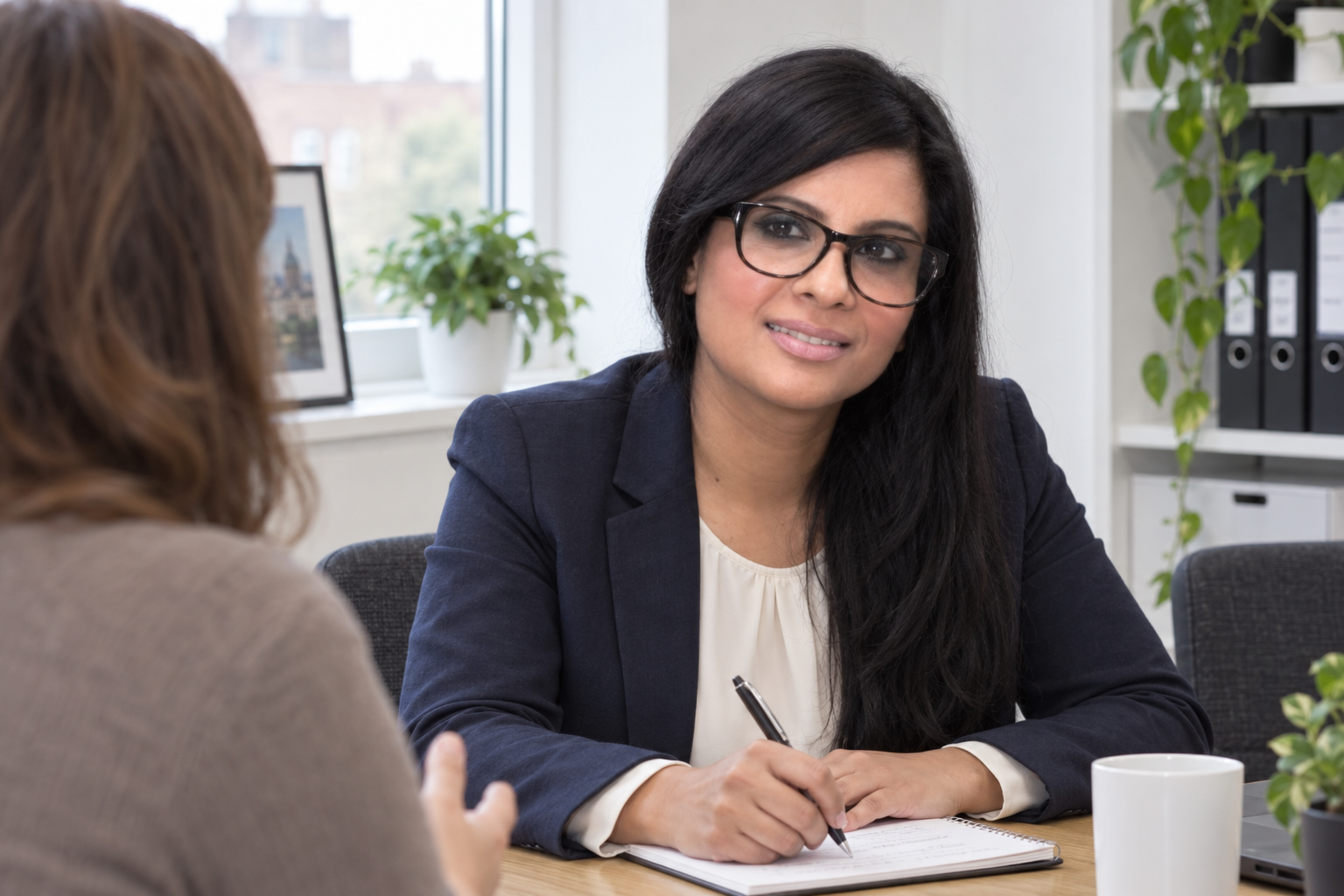 Amina Hussain taking notes while listening to a client across the table at the SME Outsourcing office in Edgbaston